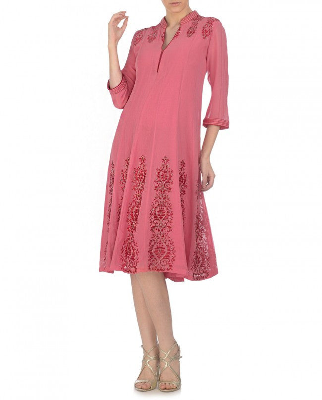 Carnation Pink Dress with Embroidered Motifs