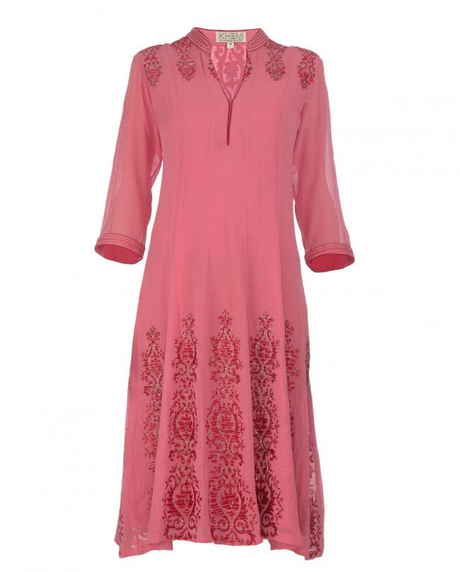 Carnation Pink Dress with Embroidered Motifs