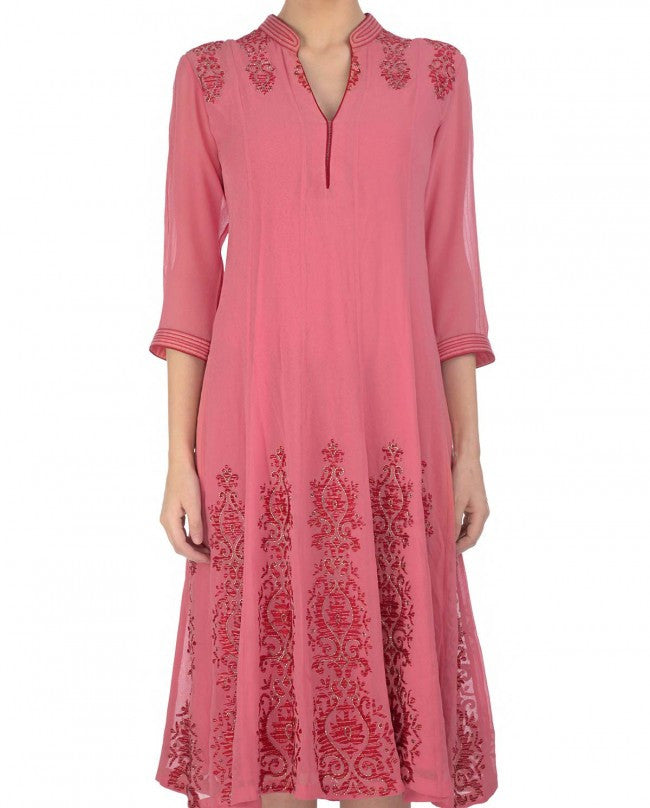 Carnation Pink Dress with Embroidered Motifs